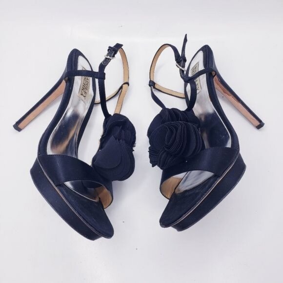 Badgley Mischka Black Adele Flower Ankle Strap Heels Shoes Women's Size 8 - Picture 7 of 11
